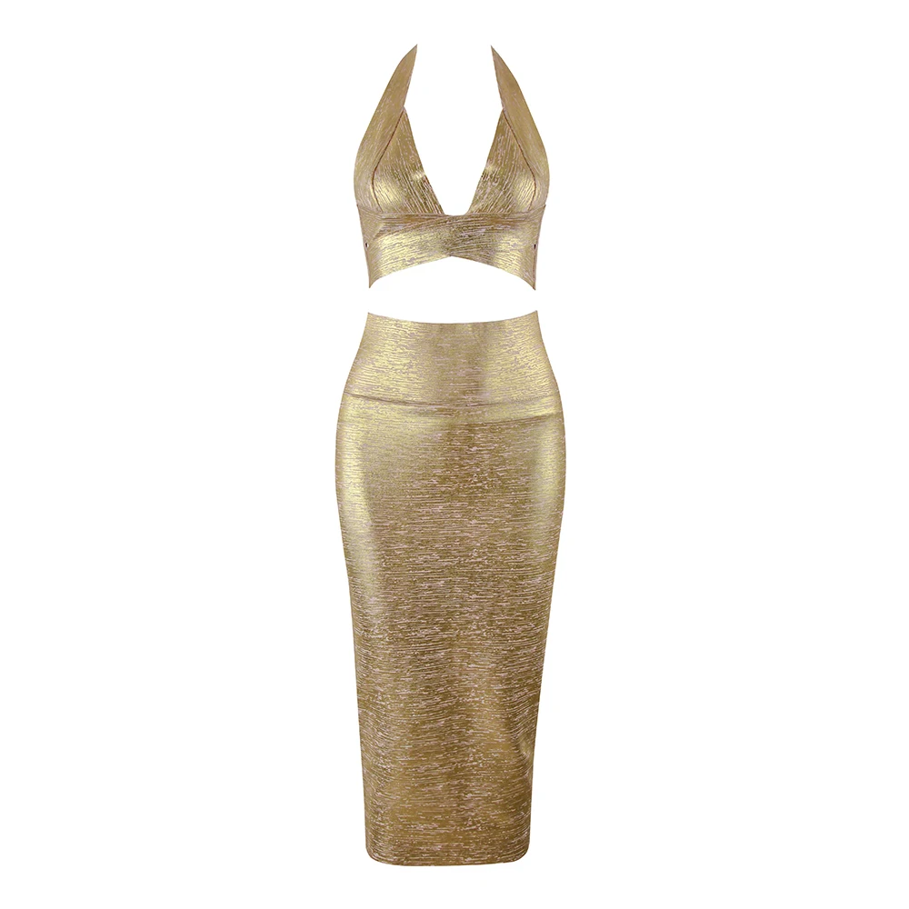 Women Sets Gold Halter V Neck Short Tops Mid Calf 2 Pieces Bandage Sets Popular Wear Celebrity Fashion Bandage Dress Two Piece
Women Sets Gold Halter V Neck Short Tops Mid Calf 2 Pieces Bandage Sets Popular Wear Celebrity Fashion Bandage Dress Two Piece