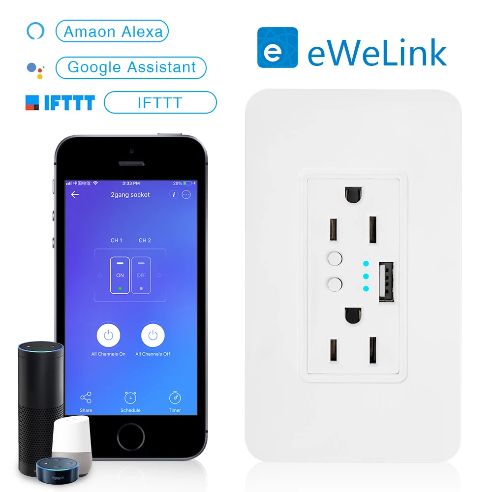 Smart switch compatible with Alexa, EACHEN Wifi switch No hub required, Wall Socket US-USB2
Smart switch compatible with Alexa, EACHEN Wifi switch No hub required, Wall Socket US-USB2