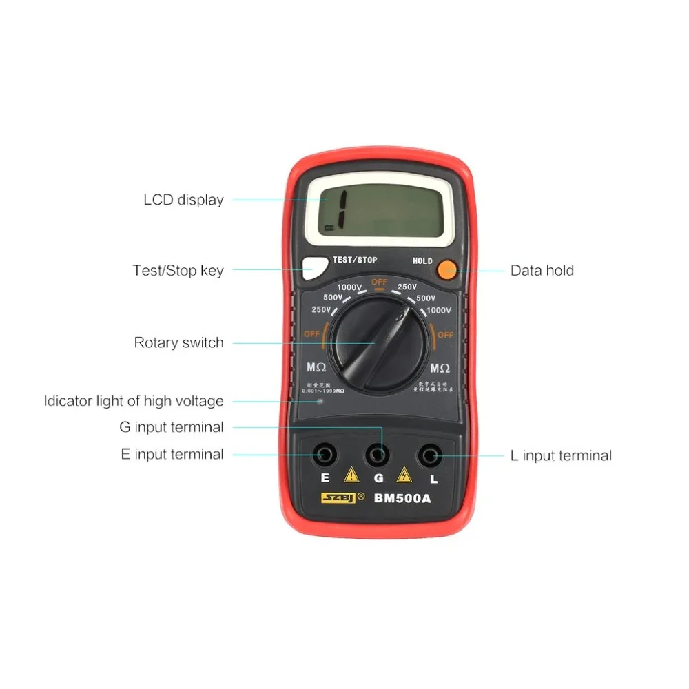 BM500A Digital Megger 1000V Auto Range Insulation Resistance ohm Meter Tester Megohmmeter Multimeter Voltmeter LED indication
BM500A Digital Megger 1000V Auto Range Insulation Resistance ohm Meter Tester Megohmmeter Multimeter Voltmeter LED indication