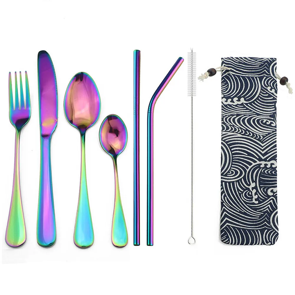 8-Pcs Rainbow Travel Dinnerware Set with Metal Staw Bag 304 Stainless Steel Portable Flatware Steak Knife Fork Spoon Silverware
8-Pcs Rainbow Travel Dinnerware Set with Metal Staw Bag 304 Stainless Steel Portable Flatware Steak Knife Fork Spoon Silverware