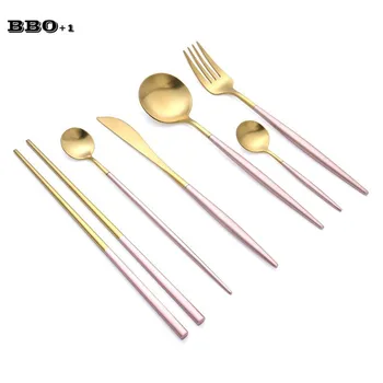 

4pcs Stainless Steel Gold Pink Dinnerware set Luxury Wedding Silverware Korean Cutlery Dinner set Fork Knives Teaspoon Tableware