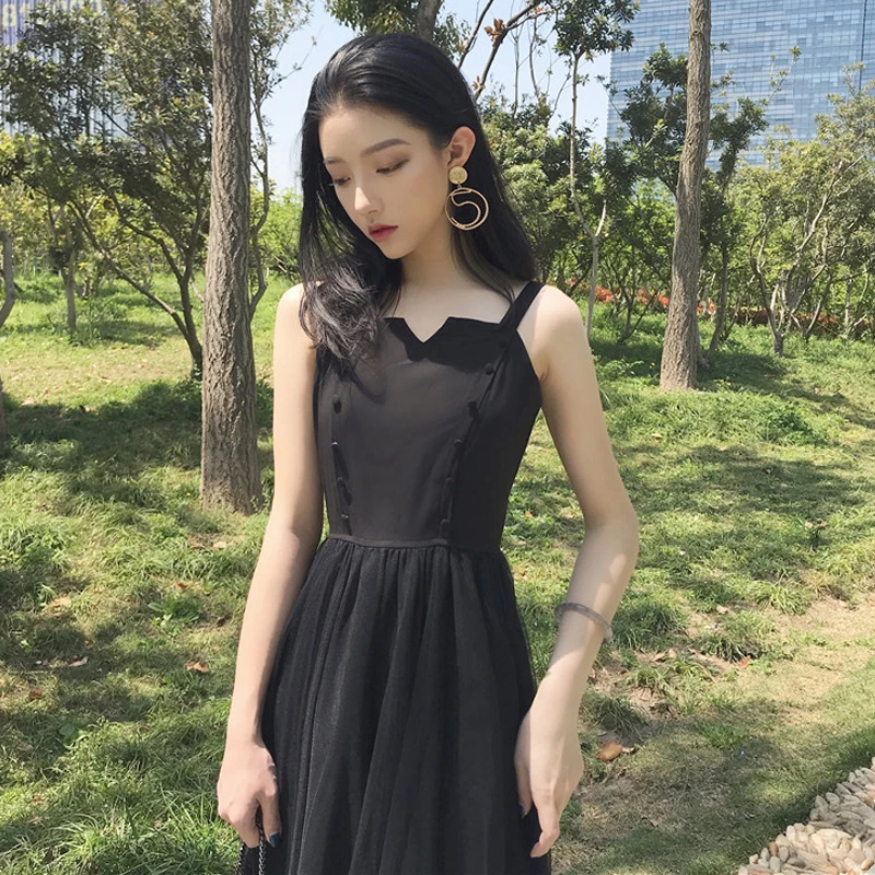 Lychee Girls Solid Color Button Ruffled Party Dress Empire Waist Mid-Calf Sleeveless Summer Vintage Women Dresses | Женская одежда