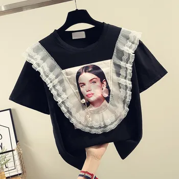 2019 Summer New Short-sleeved T-shirt Female Flower Nail Beads Lace Edge Round Collar Shirt Student Tee Tshirt Tops
2019 Summer New Short-sleeved T-shirt Female Flower Nail Beads Lace Edge Round Collar Shirt Student Tee Tshirt Tops