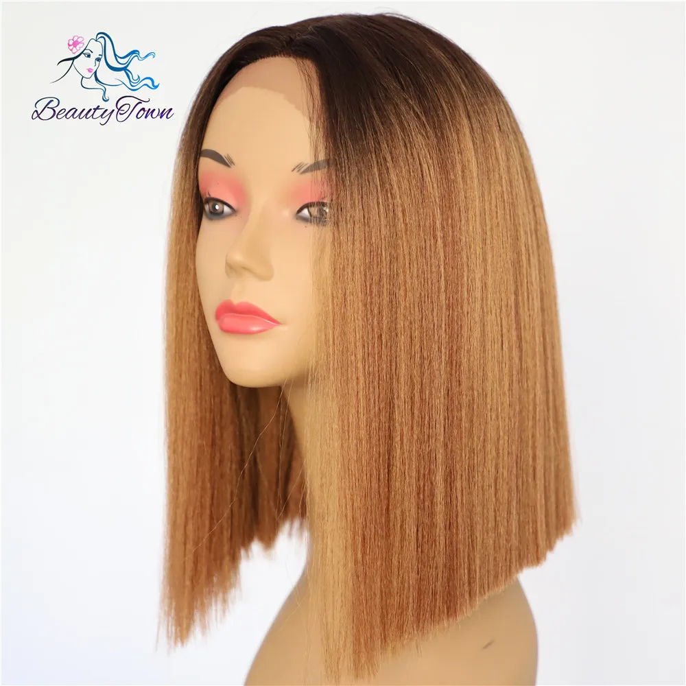 

BeautyTown Black Ombre Brown Short Bob Type Deep L Lace Part Daily Makeup Futura Light Yaki Hair Synthetic Lace Front Party Wigs