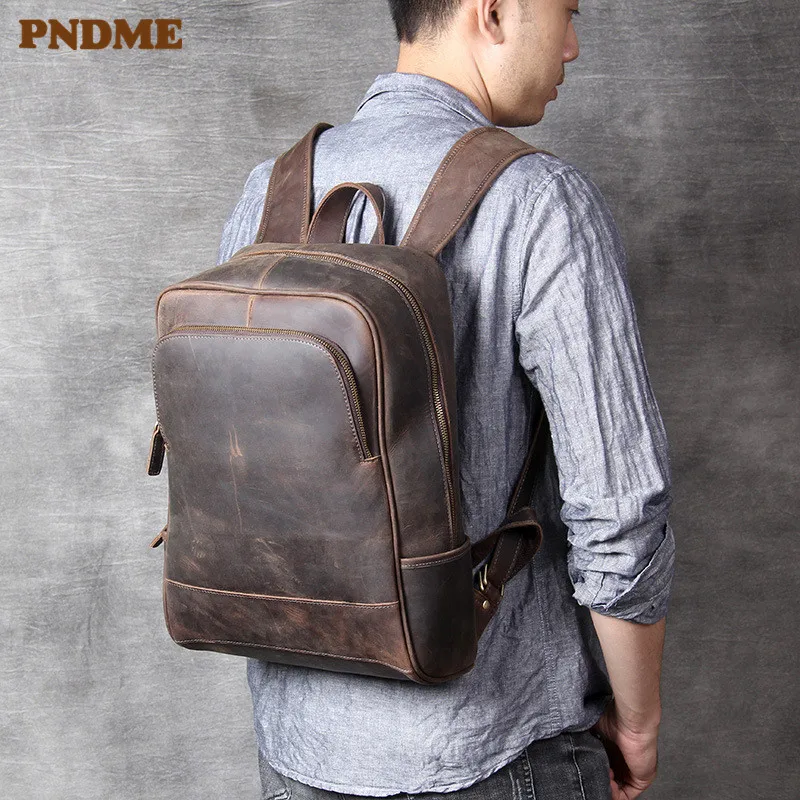 

PNDME high quality crazy horse cowhide men's backpack vintage simple genuine leather anti-theft travel laptop bagpack bookbags