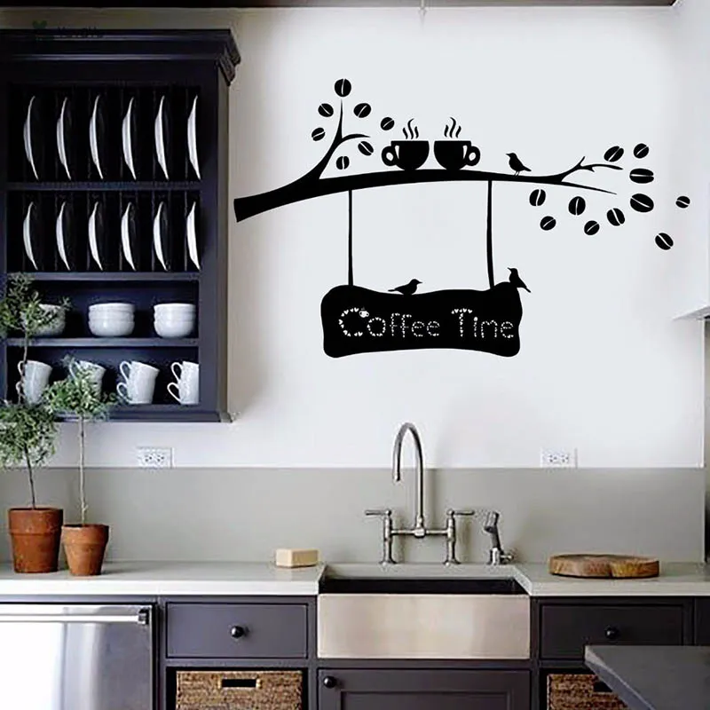 YOYOYU виниловая наклейка на стену Время кофе ветка дерева чайная чашка птица