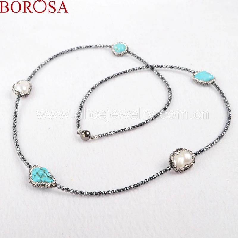 BOROSA Natural Freeform Blue Howlite Stone & Natural Peanut Shape Pearl Beads Necklace Paved Zircon Black Chain JAB203
BOROSA Natural Freeform Blue Howlite Stone & Natural Peanut Shape Pearl Beads Necklace Paved Zircon Black Chain JAB203