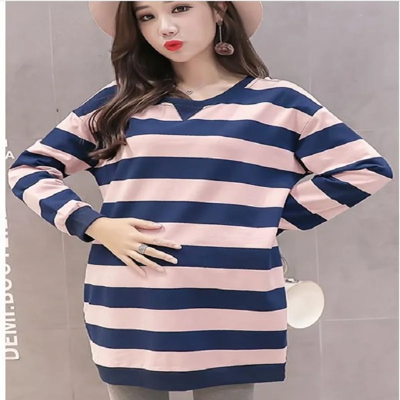 2018 maternity autumn dress, Korean version, striped long-sleeved blouse HOODIES 
2018 maternity autumn dress, Korean version, striped long-sleeved blouse HOODIES