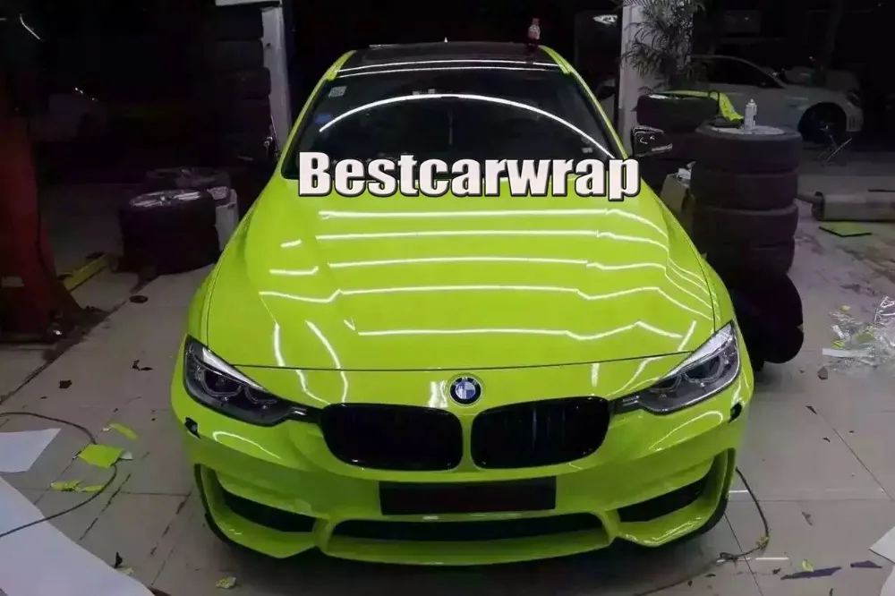 fluorescent yellow super gloss high glossy vinyl car wrapping film with 3 Layers vehicle wraps (24)