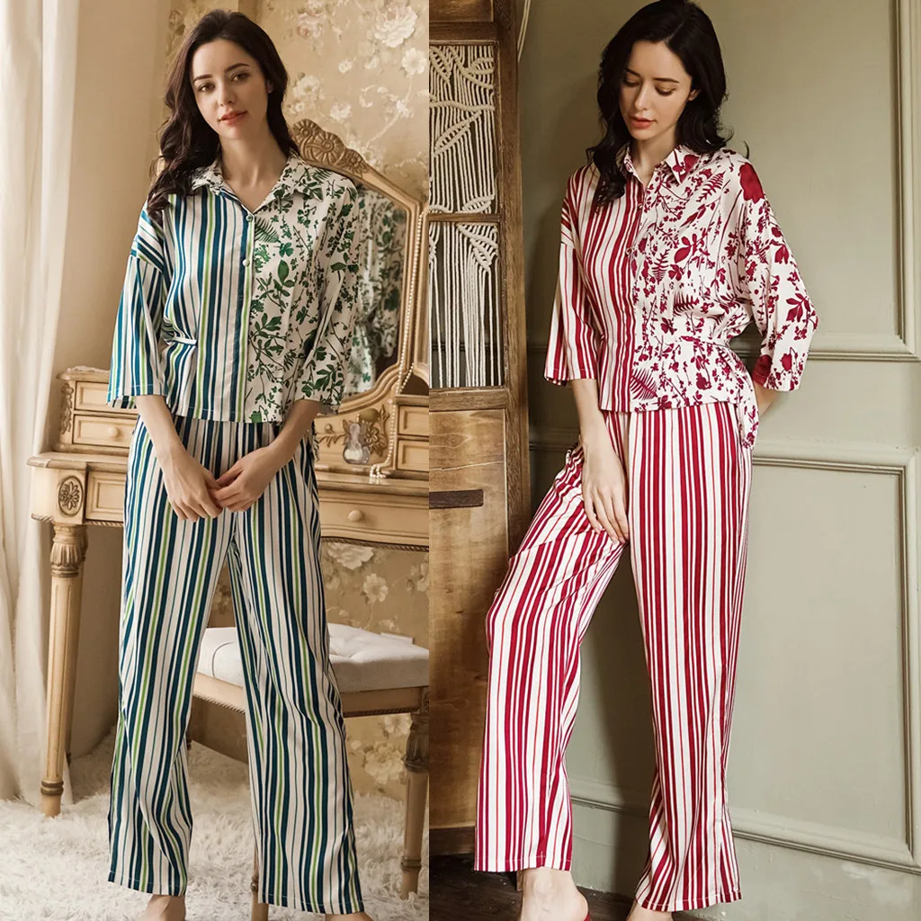 Women Pajamas Stripe Sleepwear Pyjamas Sets Summer Print Long Pants Half Sleeve Plus Size Casual Home Night Wear Sleep Clothes
Women Pajamas Stripe Sleepwear Pyjamas Sets Summer Print Long Pants Half Sleeve Plus Size Casual Home Night Wear Sleep Clothes