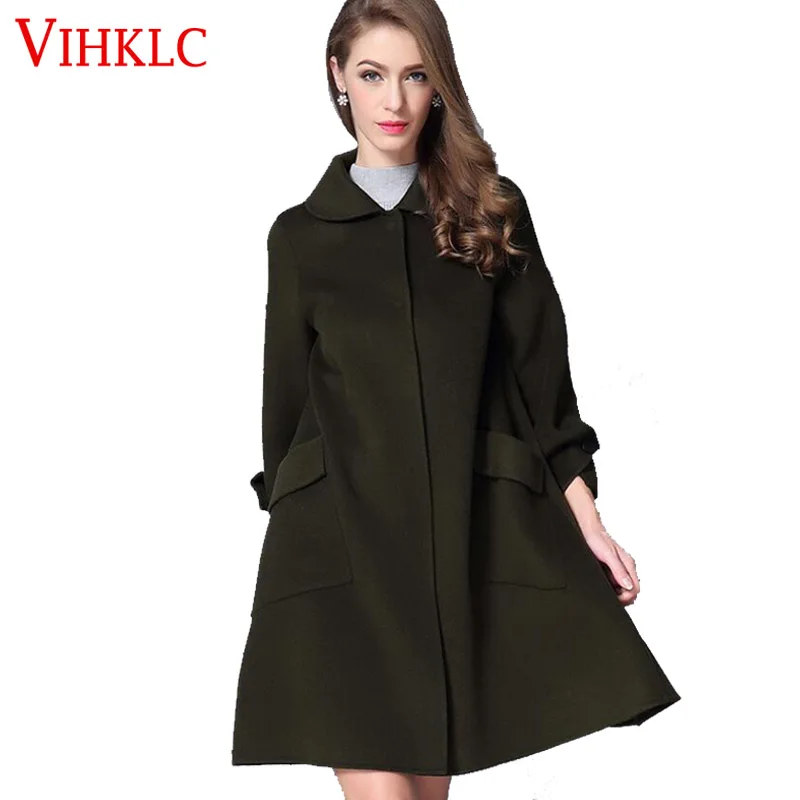 Vihklc 2016 осень-зима Для женщин шерстяное пальто классический длинные Шерстяное 100%