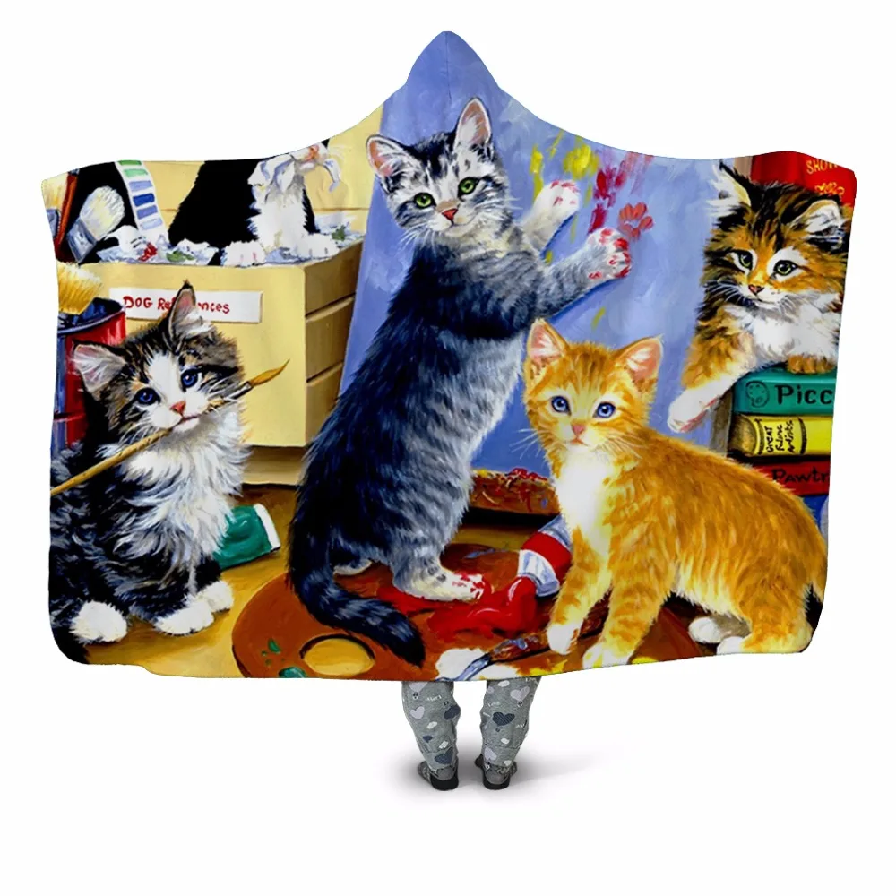 Плюшевое одеяло с капюшоном домашнее 3D принтом кошек для взрослых молодежи детей