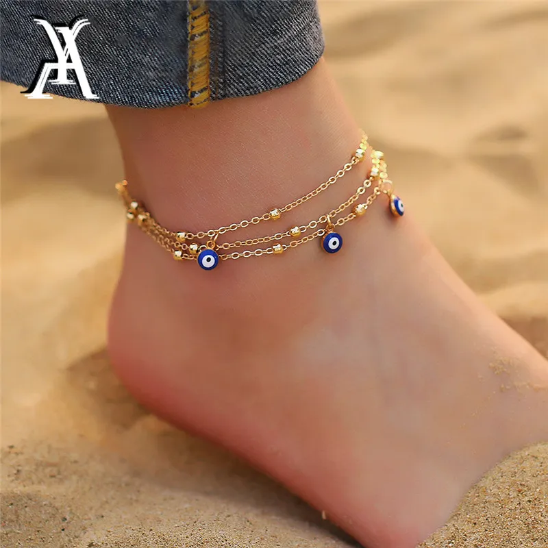 

Bohemian Anklet Bracelets For Women Multiple Layers Turkish Eyes Ankle Bracelet Barefoot Sandals Pulseras Foot Jewelry