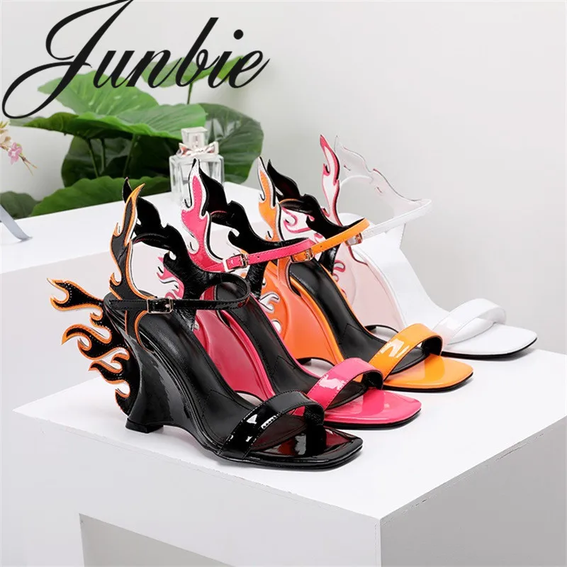 JUNBIE New Black White Genuine Leather Summer Flame Sandals Open Toe Buckle Strap HIgh Heel Wedges Shoes Women
JUNBIE New Black White Genuine Leather Summer Flame Sandals Open Toe Buckle Strap HIgh Heel Wedges Shoes Women