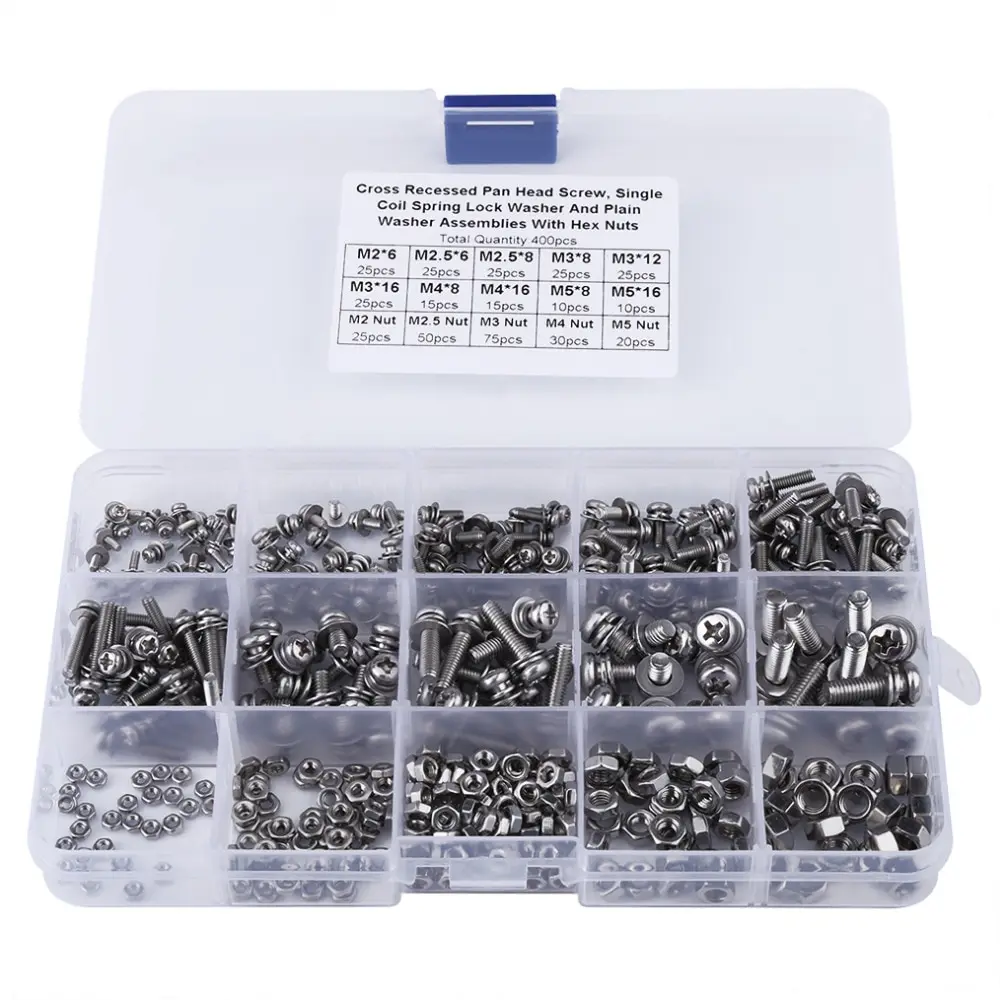 400PCS/Lot M2 M2.5 M3 M4 M5 Cross Pan Head Screws Nuts Washer Assortment Kit Fasteners Hardware with Box
400PCS/Lot M2 M2.5 M3 M4 M5 Cross Pan Head Screws Nuts Washer Assortment Kit Fasteners Hardware with Box