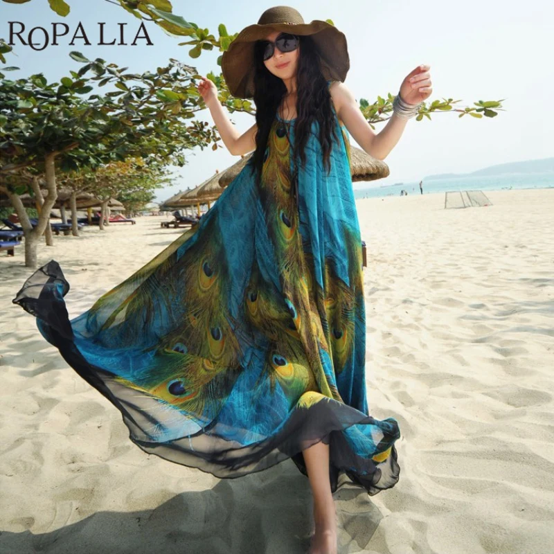 Summer Women Maxi Party Dress Boho Peacock Tail Pattern Sun-proof Beach Chiffon Dresses Stylish Female Long Vestido
Summer Women Maxi Party Dress Boho Peacock Tail Pattern Sun-proof Beach Chiffon Dresses Stylish Female Long Vestido