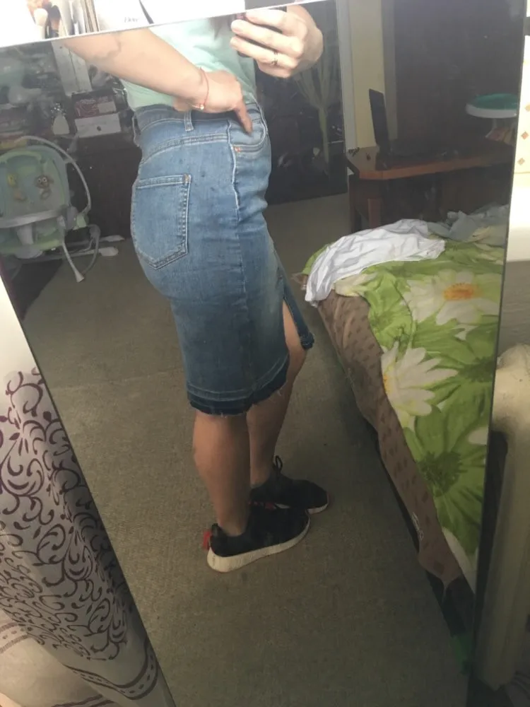 Tide section, raw hem, split skirt, washed white high waist denim skirt (1)