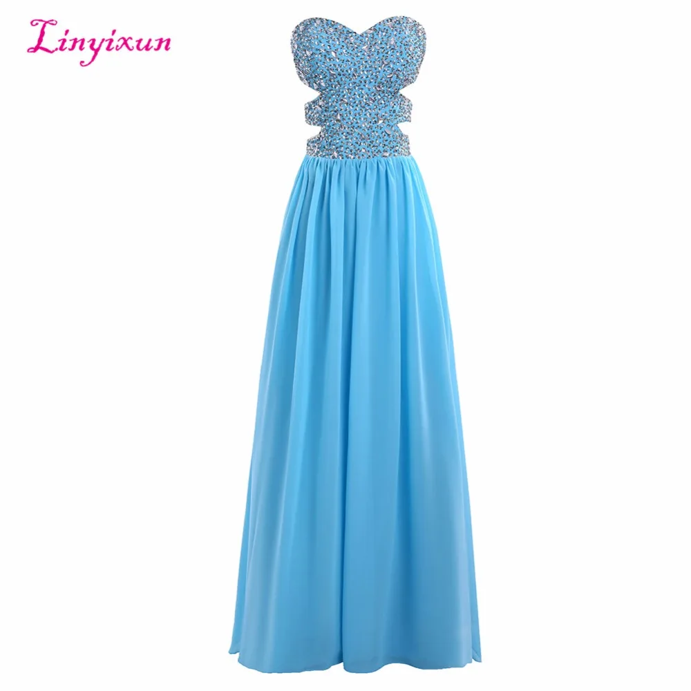 Linyixun Real Photo New Long Prom Dresses 2017 With Beaded Crystal Sweetheart Sleeveless Chiffon Evening Party | Свадьбы и торжества
