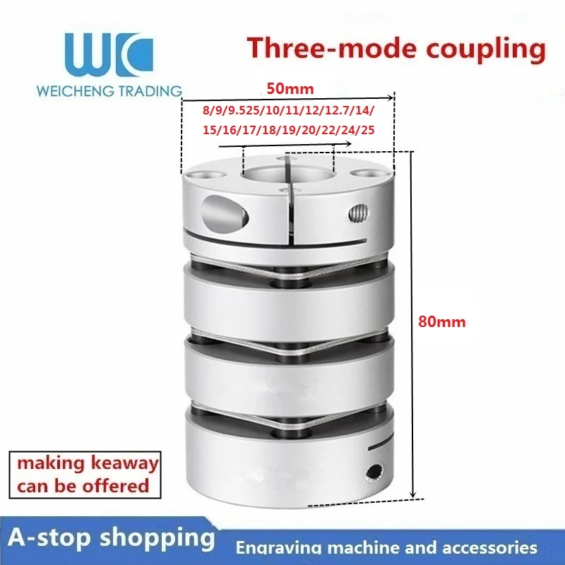 1pc Three-mode coupling D50 L80 bore 8/9/9.525/10/11/12/14/15/16/17/18/19/20/22/24/25mm Coupling Stepper Motor Coupler
1pc Three-mode coupling D50 L80 bore 8/9/9.525/10/11/12/14/15/16/17/18/19/20/22/24/25mm Coupling Stepper Motor Coupler