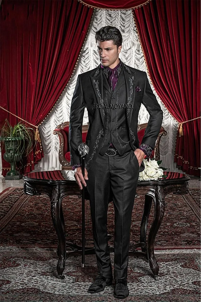 Image New Style Black Silver Gray Embroidery Groom Tuxedos Groomsmen Men s Wedding Prom Suits Bridegroom (Jacket+Pants+Vest+Tie) K594