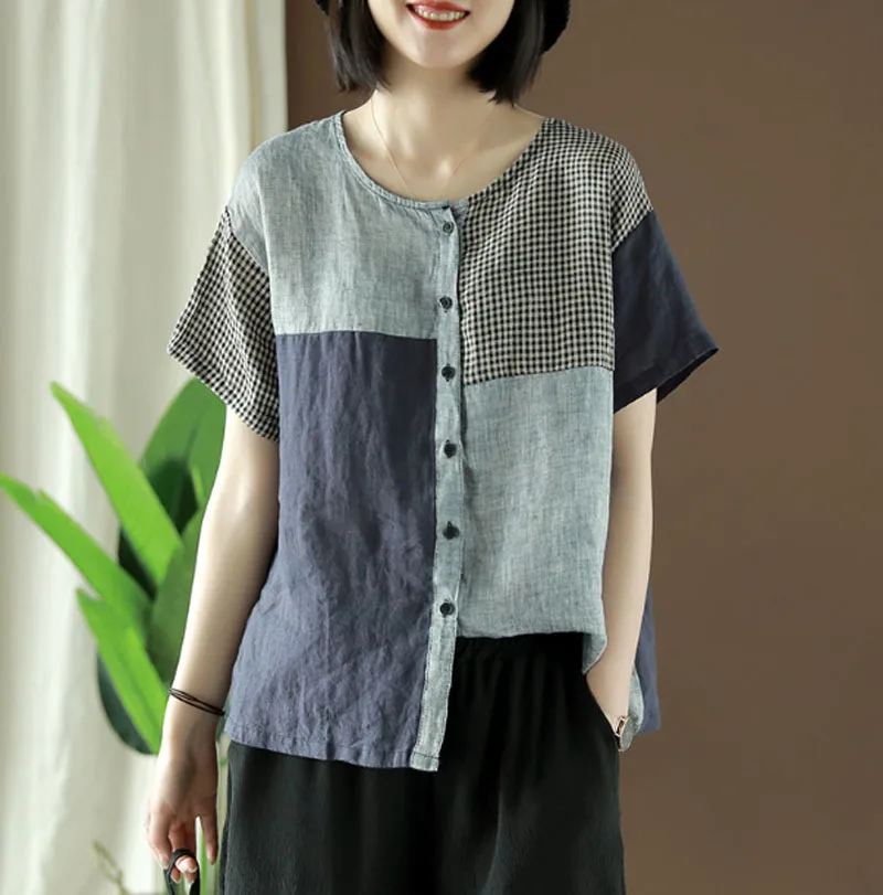 Summer Casual Clothes Tee Shirt Short Sleeved Patchwork Mixed Color Plaid Checked Cotton Linen Tops Blouses Female Button O-Neck
Summer Casual Clothes Tee Shirt Short Sleeved Patchwork Mixed Color Plaid Checked Cotton Linen Tops Blouses Female Button O-Neck