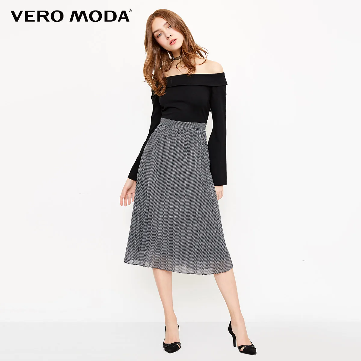 Vero Moda women's boat neck off-shoulder houndstooth patchwork pleated knee-length dress |31827D503
Vero Moda women's boat neck off-shoulder houndstooth patchwork pleated knee-length dress |31827D503
