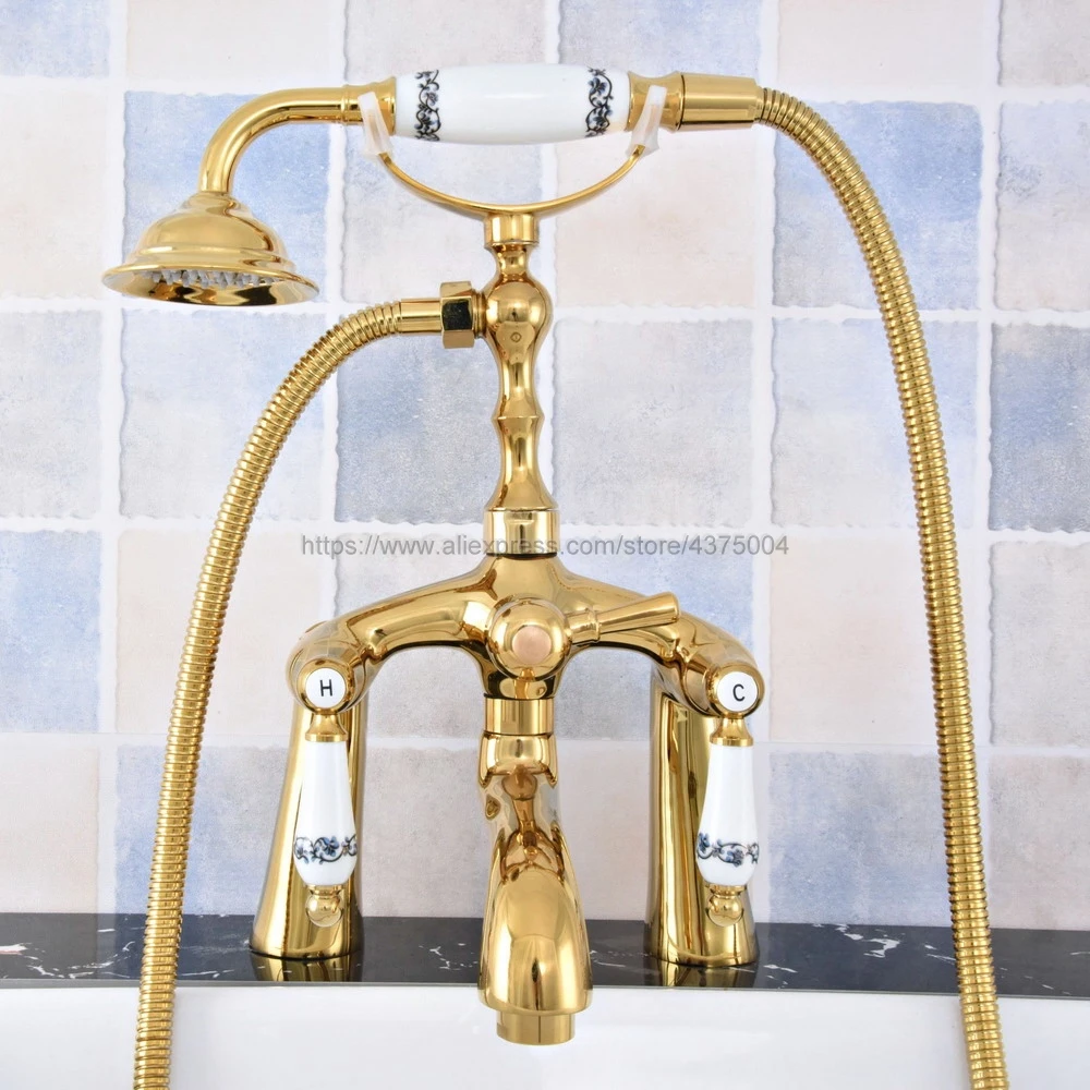 Bathtub Faucet Golden Deck Mounted Tub Mixer Faucet Dual Handle Hot and Cold Water Tap Telephone Style + hand shower Ntf789
Bathtub Faucet Golden Deck Mounted Tub Mixer Faucet Dual Handle Hot and Cold Water Tap Telephone Style + hand shower Ntf789