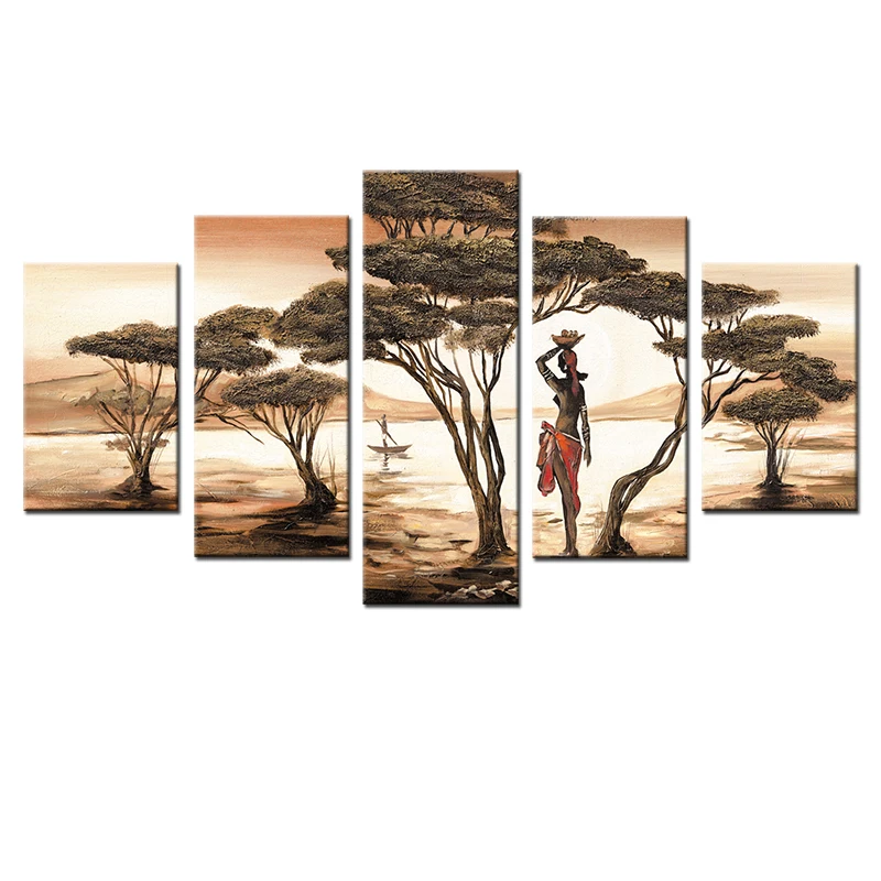 

5 Panels African Woman Canvas Paintings For Living Room African Sunset Trees Scenery Modular Pictures Seascape Wall Posters