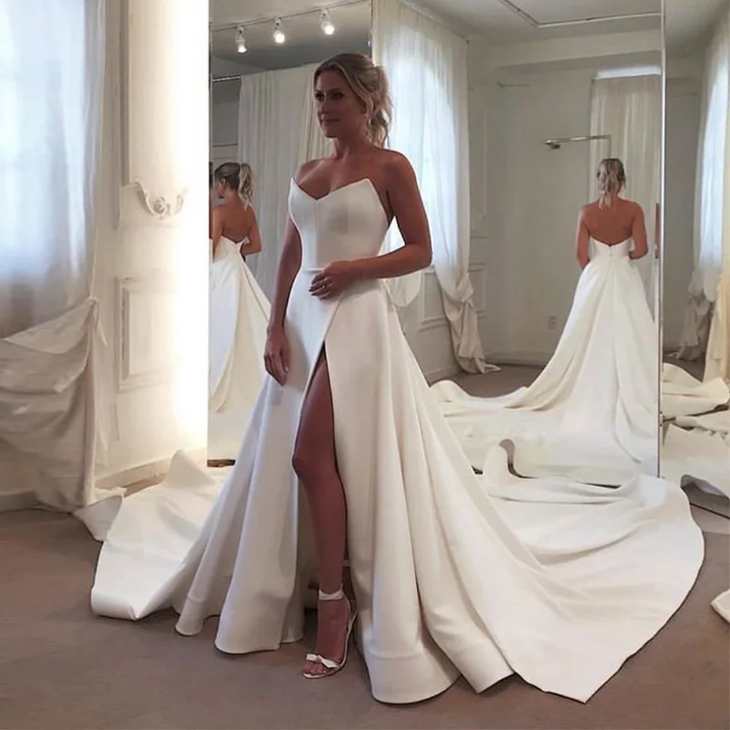 Simple Wild Wedding Dresses White Ivory Satin 2019 Vestido De Novia Sexy Front Split Wedding Gowns With Long Train Custom Made
Simple Wild Wedding Dresses White Ivory Satin 2019 Vestido De Novia Sexy Front Split Wedding Gowns With Long Train Custom Made