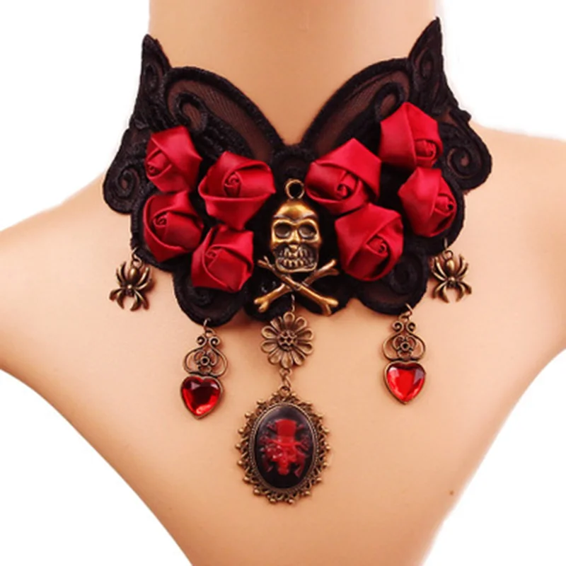 Gothic Halloween Gift Red Charms Skull Rose Necklace Women Black Lace Choker Necklace ladies Party Dress Accessories Jewelry
Gothic Halloween Gift Red Charms Skull Rose Necklace Women Black Lace Choker Necklace ladies Party Dress Accessories Jewelry
