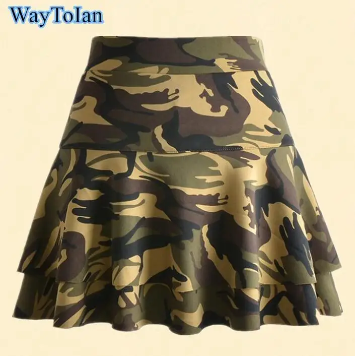 Фото WayToIan Двухслойная юбка с шортами Женская камуфляжная высокой талией и рюшами Falda