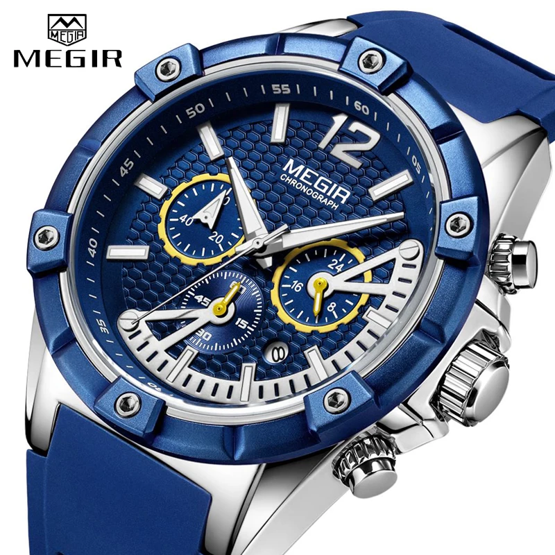 

MEGIR Chronograph Sport Men Watch Waterproof Silicone Quartz Watches Men Clock Hour Army Military Wristwatches Relogio Masculino