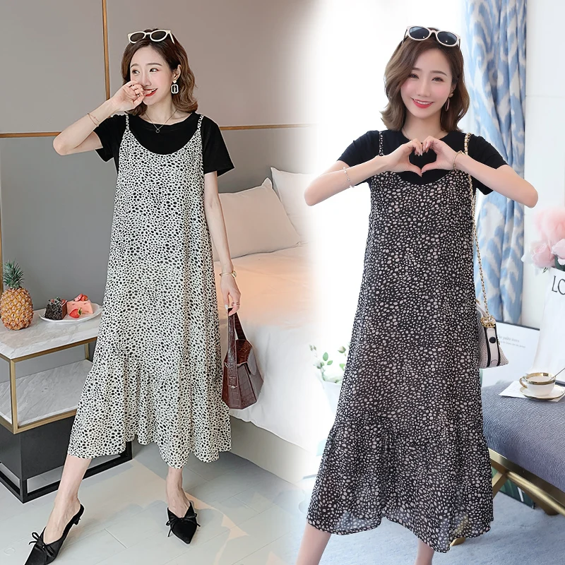 

Wholesale Pregnant Women Clothes Set Summer Short Sleeve Cotton T-shirt+polka Dot Strap Chiffon Dress Set Maternity Dress Suits