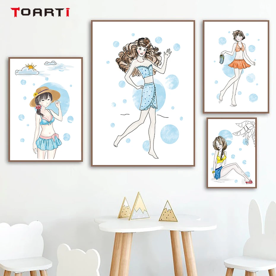 Sweet Girls Swimsuit Show Wall Art Colorful Cartoon Canvas Painting Modern Pictures Vintage Posters&Prints Room Home Decor | Дом и сад