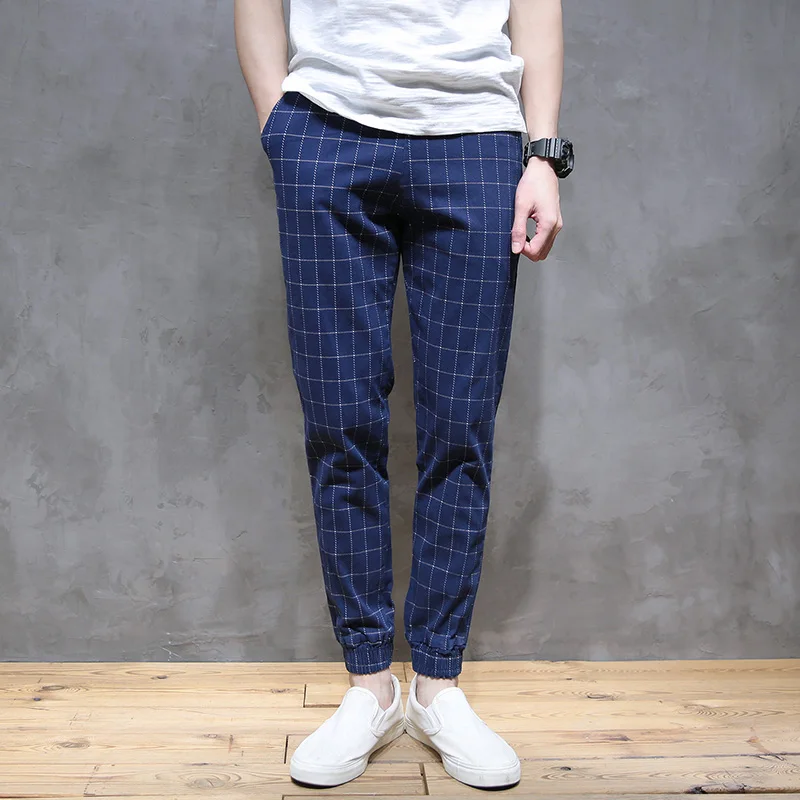 New 2018 men's clothing fashion hair stylist summer thin Plaid casual harem pants Ankle banded costumes | Мужская одежда