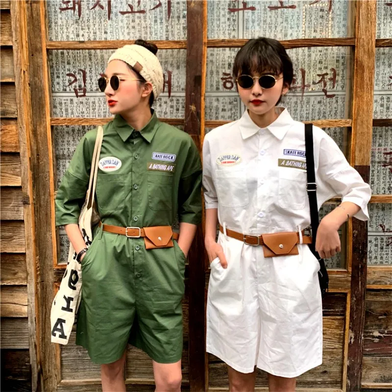 С поясом! Комбинезоны для женщин Harajuku новый стиль сафари летние женские с коротким рукавом комбинезоны