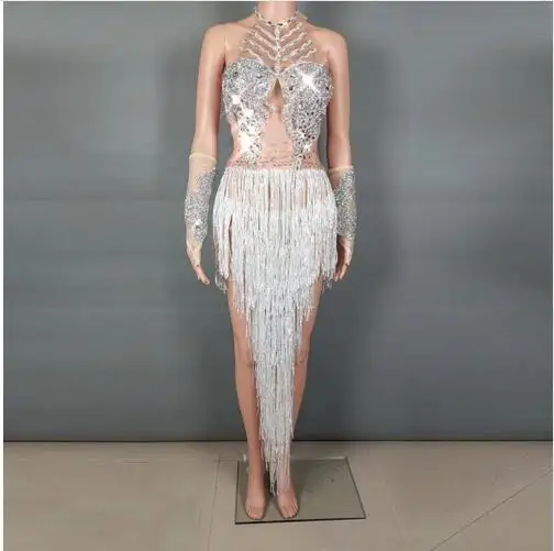 Fashion Sparkly Silver Crystals Fringes Dance Costume Rhinestones Gloves Tassel Bodysuit Party Wear Dance Show Sexy Outfit
Fashion Sparkly Silver Crystals Fringes Dance Costume Rhinestones Gloves Tassel Bodysuit Party Wear Dance Show Sexy Outfit