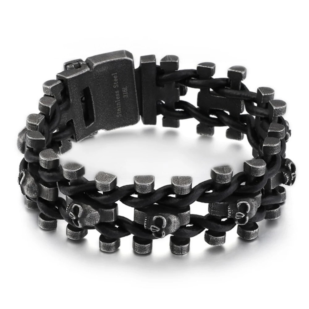 25mm Heavy Punk Retro Stainless Steel Skull Chain Bracelet For Men Rock Hiphop Black Leather Skeleton Bracelets Jewelry
25mm Heavy Punk Retro Stainless Steel Skull Chain Bracelet For Men Rock Hiphop Black Leather Skeleton Bracelets Jewelry