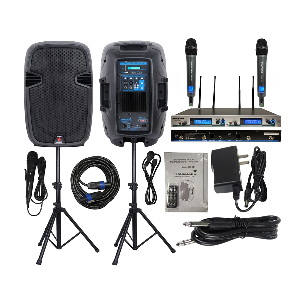 STARAUDIO 2X 2000W 12" Active PA Powered Speakers DJ Speaker Stands Wired Microphone 2CH PLL UHF Wireless Handheld Mic SSD-12A
STARAUDIO 2X 2000W 12" Active PA Powered Speakers DJ Speaker Stands Wired Microphone 2CH PLL UHF Wireless Handheld Mic SSD-12A