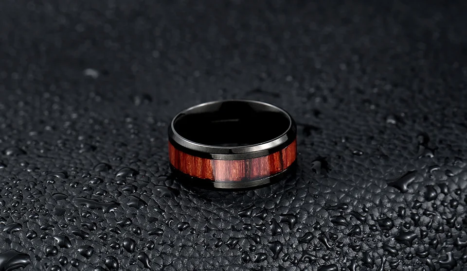 Steel soldier black ring with dark red wood inlay inside ring men unique fashion engagement jewelry 11
