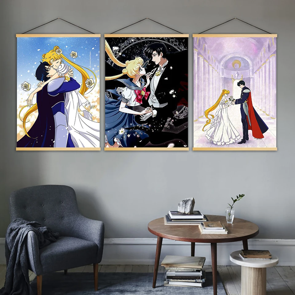 Wall-Art-Print-Modern-Solid-Wood-Hanging-Scrolls-Sailor-Moon-Animation-Role-Canvas-Painting-Nordic-Style