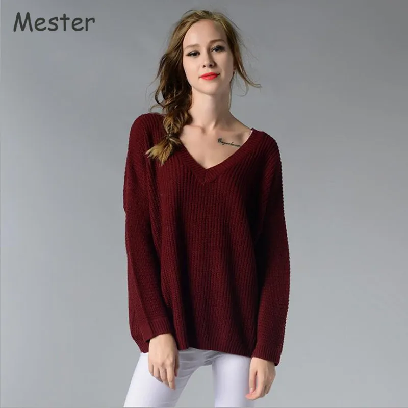 Image 2017 European Fashion Women V Neck Loose Sweater Ladies Sexy Open Back Hollow Out Sweaters Black Wine Red Knitted Jumper Tops