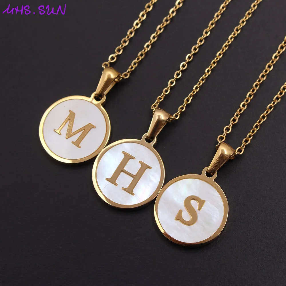 

MHS.SUN Fashion 26 Letters Pendant Necklace Women Girls A-Z Alphabet Stainless Steel Chain Shell Jewelry Simple Design 1Pcs