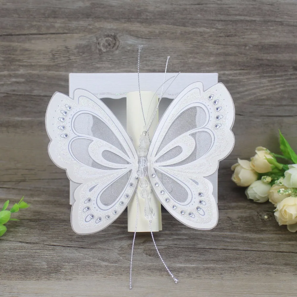 Image 50 Piece Scroll Wedding Invitation Card Elegant White Pink Butterfly Kids Birthday Party Invitations 3D Pop Up Cards With Box