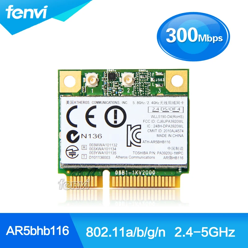Atheros AR9832 AR5BHB116 Dual band 300Mbps Wireless Wifi Half Mini PCI-E Card 2.4GHz 5Ghz Laptop Wlan Network Networking Adapter |