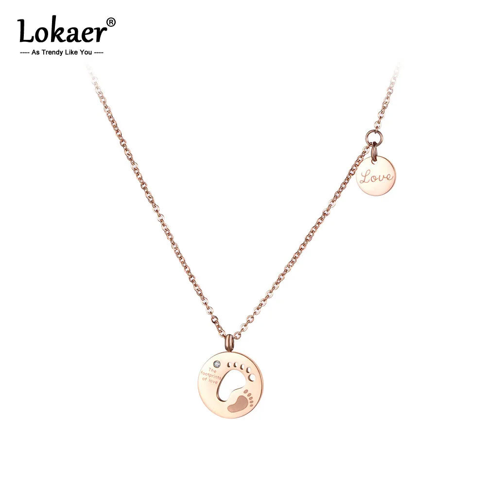 

Lokaer Trendy Double Footprints Love Chokers Necklace For Women Girl Rose Gold Stainless Steel CZ Crystal Pendant Jewelry N19030
