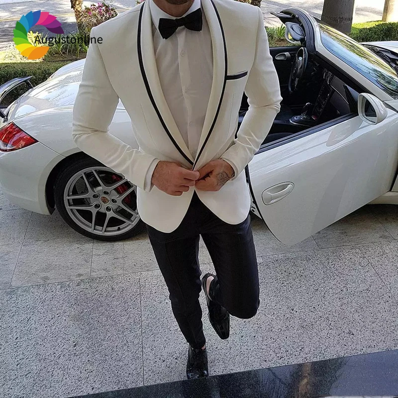 

White Men Suits Wedding Tuxedos Slim Fit Shawl Lapel 2 Pieces (Jacket+Pants) Groom Wear Terno Bridegroom Prom Costumen Homme