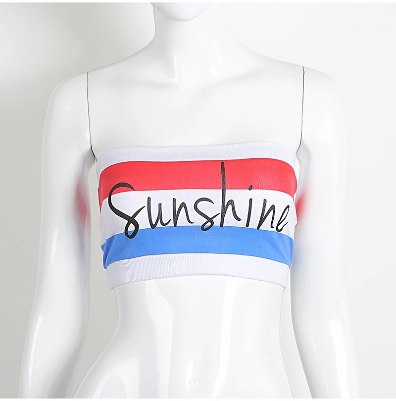 OUBINEW 17 summer Tube Tops bare shoulder shorts crop top printing sunshine letter red and blue stripe wrap chest T2230Z 8