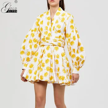 Gold Hands New Hot Summer Female Fashion Print Embroidery Women Dress V Neck Lantern Sleeve High Waist Lace Up Bow Mini Dresses
Gold Hands New Hot Summer Female Fashion Print Embroidery Women Dress V Neck Lantern Sleeve High Waist Lace Up Bow Mini Dresses