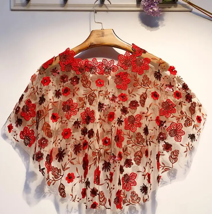 Women's Spring Summer wine red mesh Pashmina Female Sunscreen flower embroidery Mesh Lace Shawl R1604 |